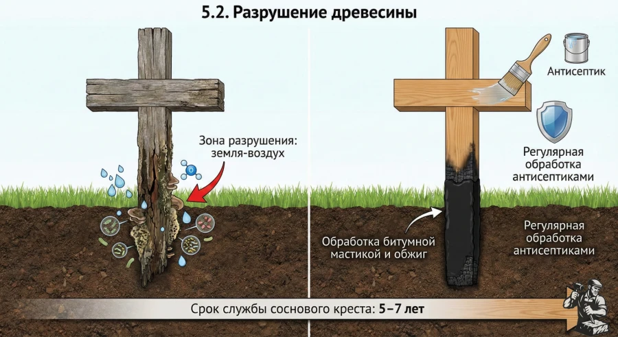 Razrushenie i zashchita derevyannogo kresta v grunte